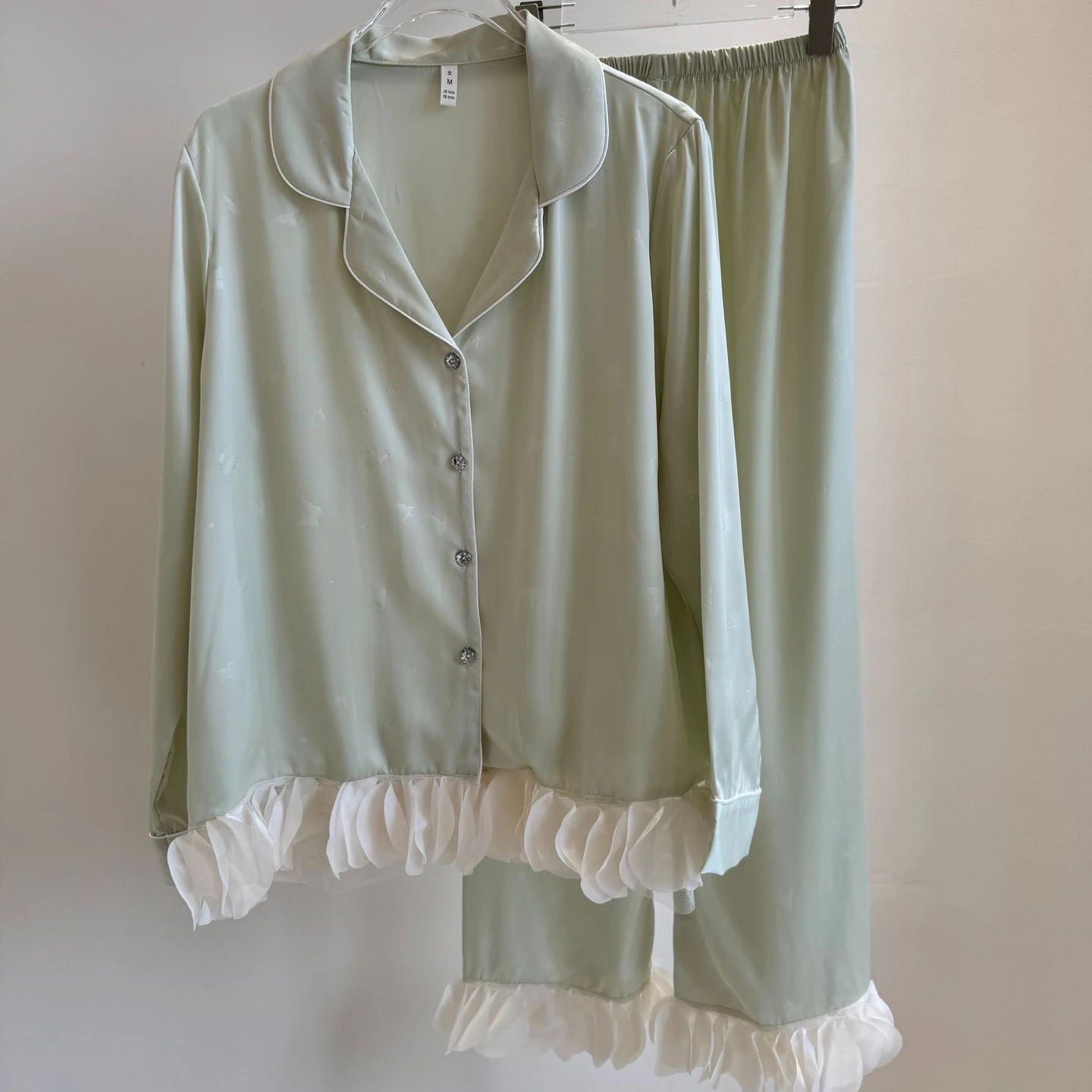 KAELAH Set French Style Ruffled Ice Silk Trouser Pijamas Suit Loungewear