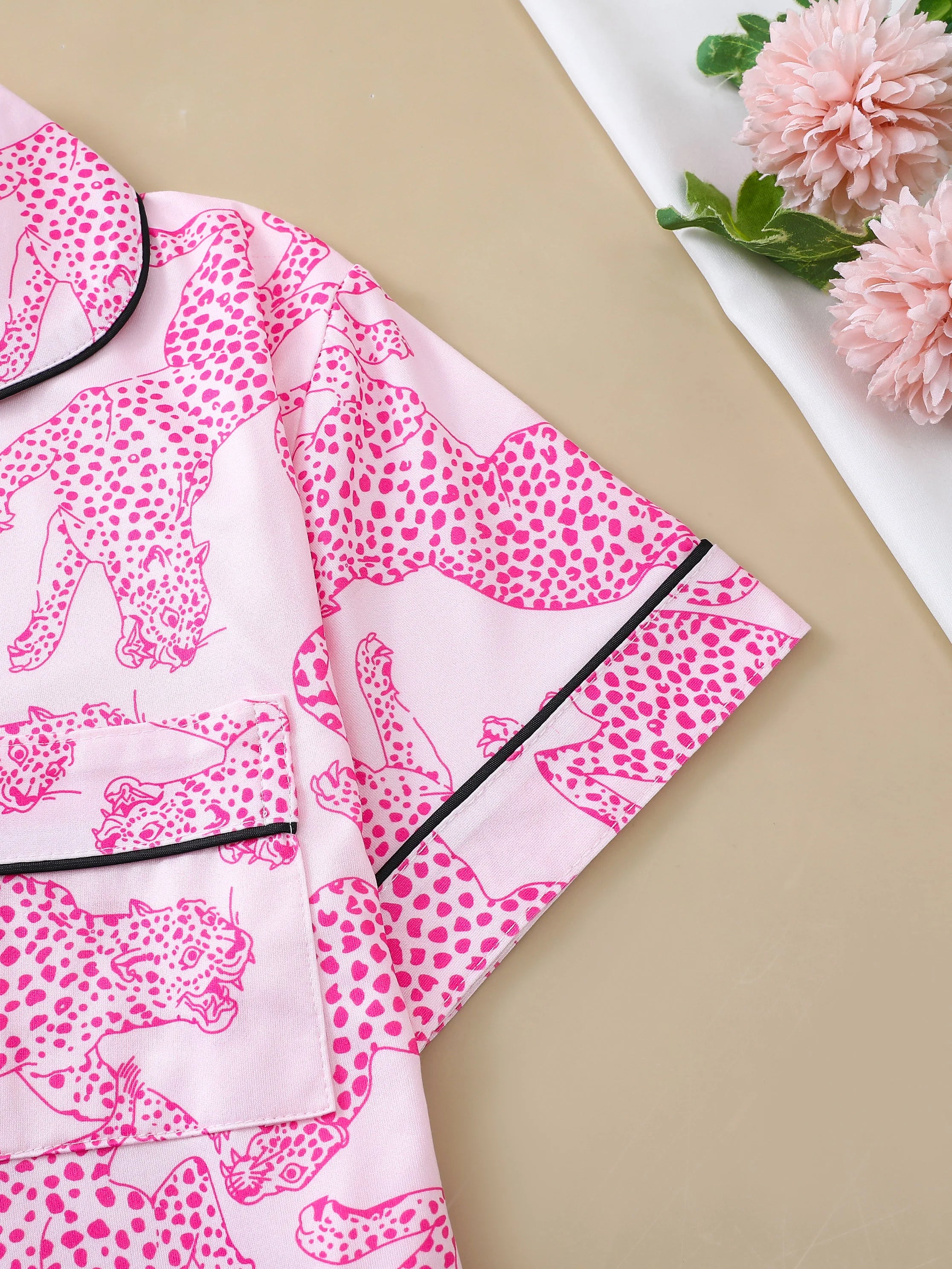 KAELAH Casual pink leopard print pajama set for women lapel short-sleeved