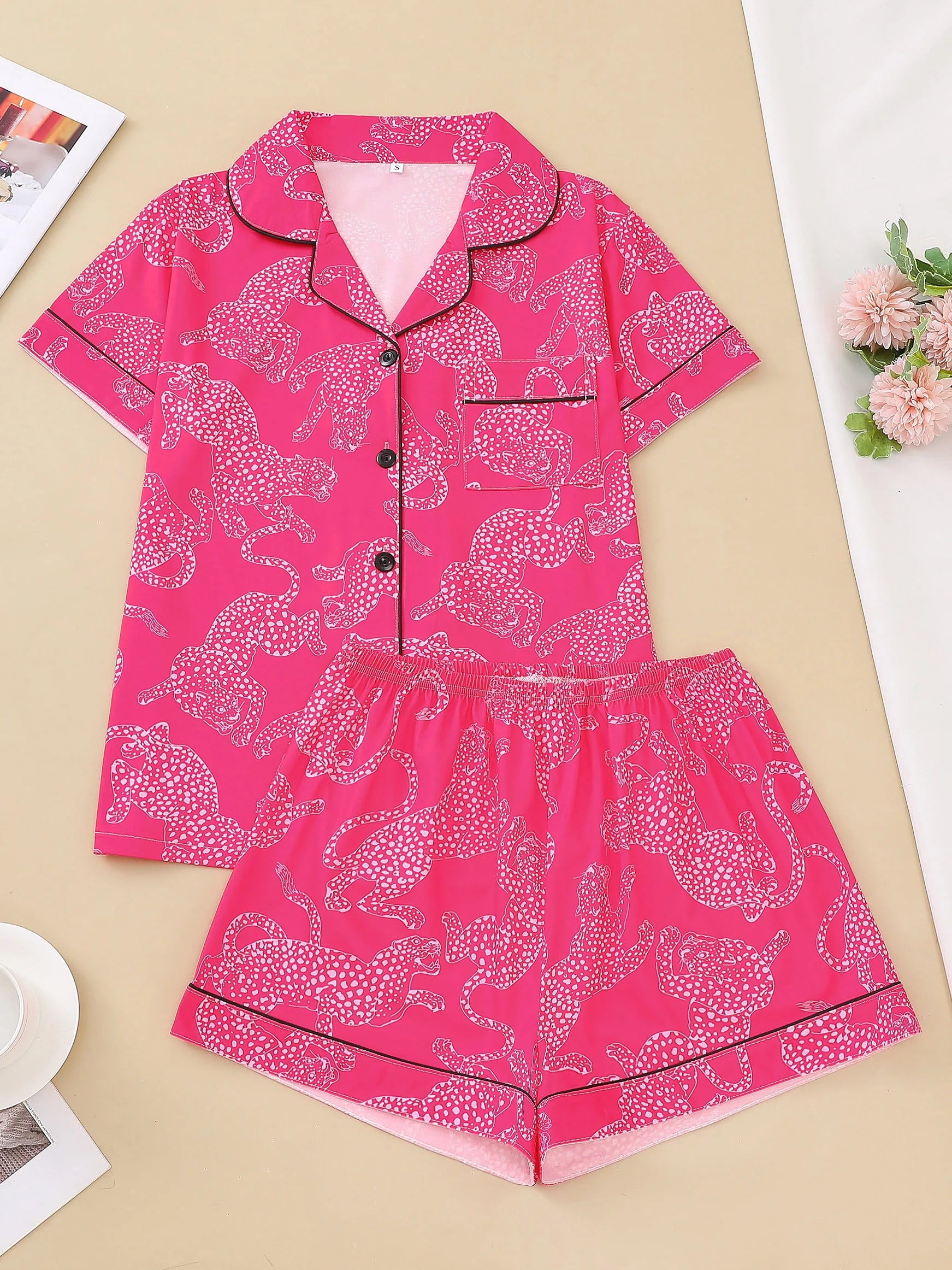 KAELAH Casual pink leopard print pajama set for women lapel short-sleeved