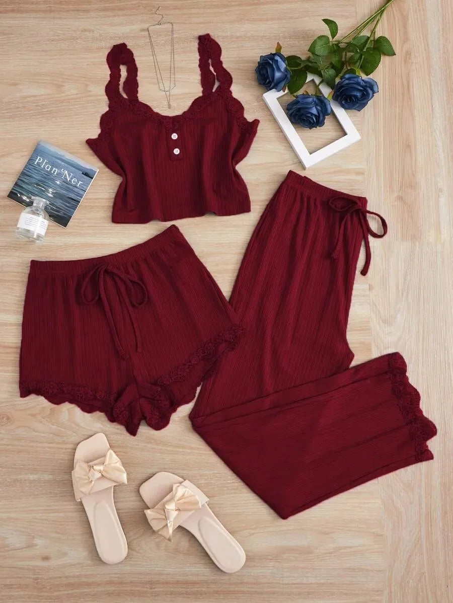 KAELAH Lace Trim Three-Piece Set Slim Fit Home Clothes Nightgown