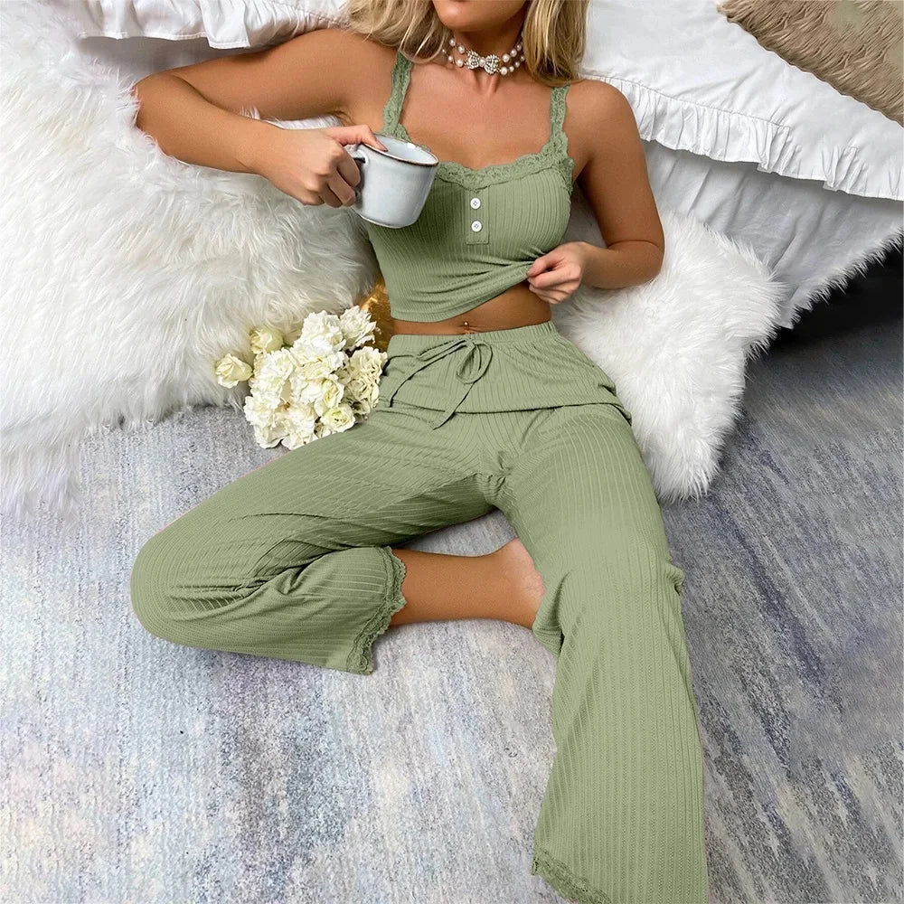KAELAH Lace Trim Three-Piece Set Slim Fit Home Clothes Nightgown