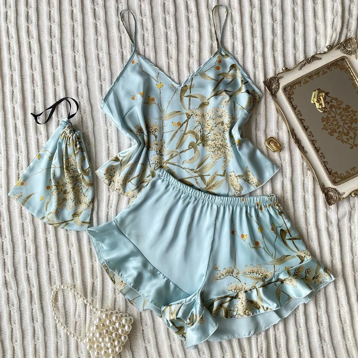 KAELAH 3 Pcs Silk Floral Print Suspenders Tops and Shorts with Hanging Bag