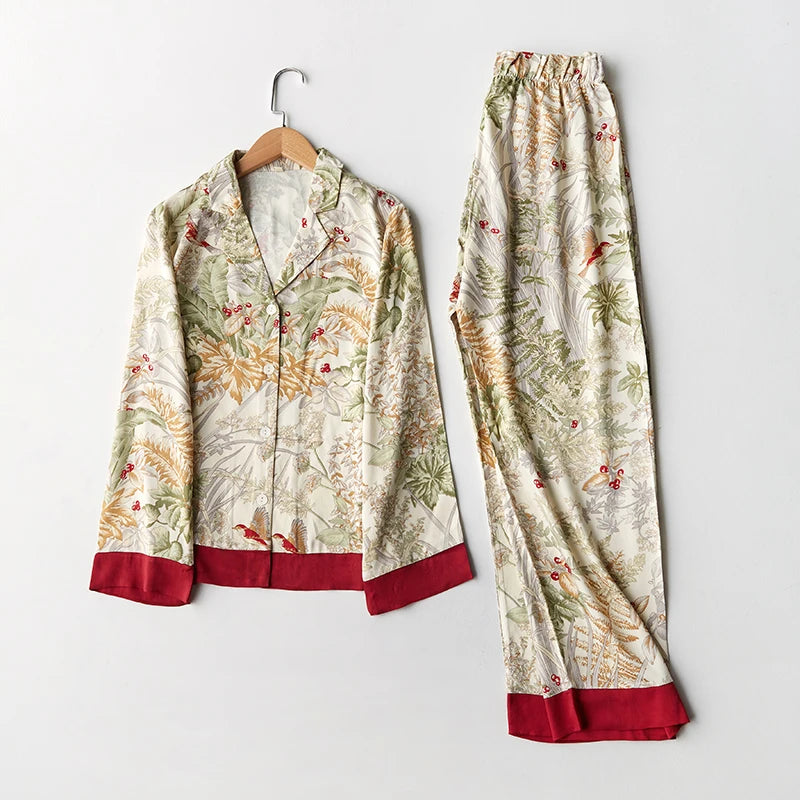 KAELAH Spring Casual Long Sleeve Satin Set Green Grass Printing