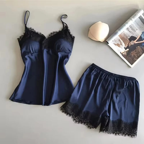 KAELAH  Pajama Suit Fashion V-Neck Stretch Satin Babydoll Lace Sexy Lingerie Bowknot