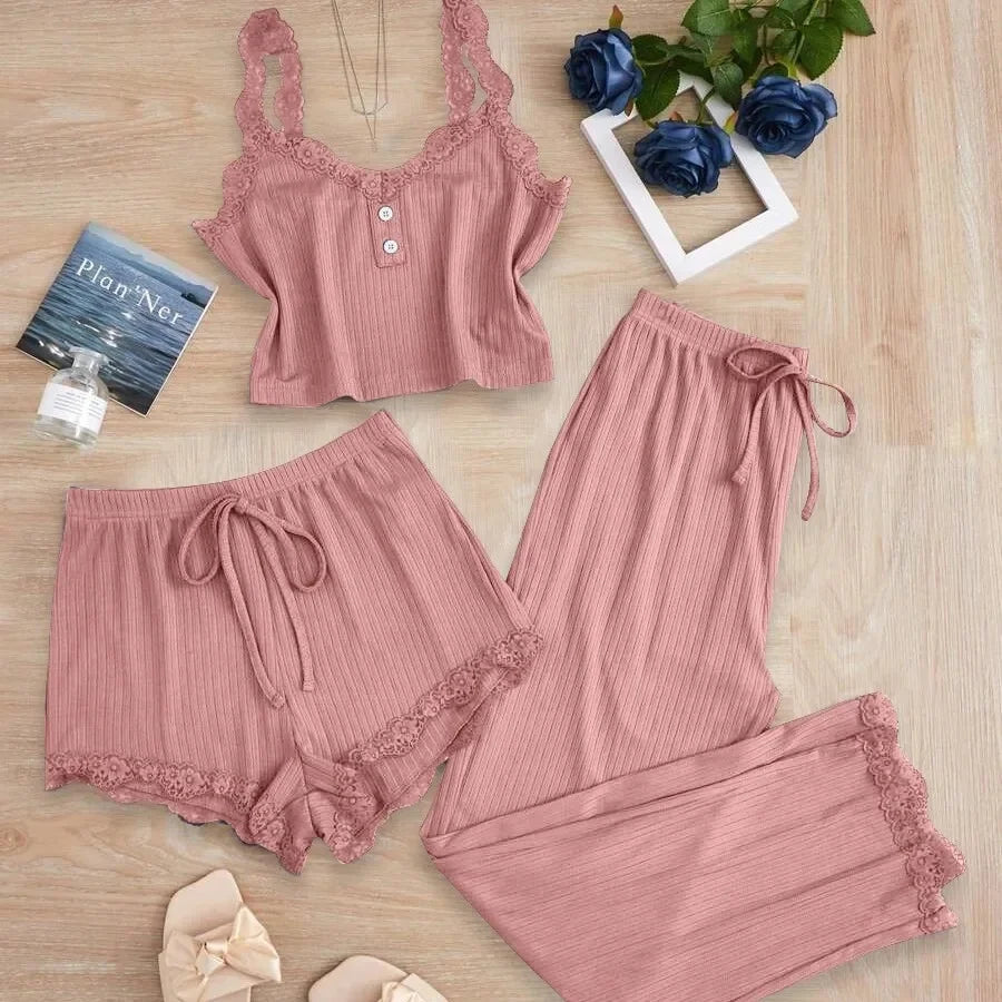 KAELAH Lace Trim Three-Piece Set Slim Fit Home Clothes Nightgown
