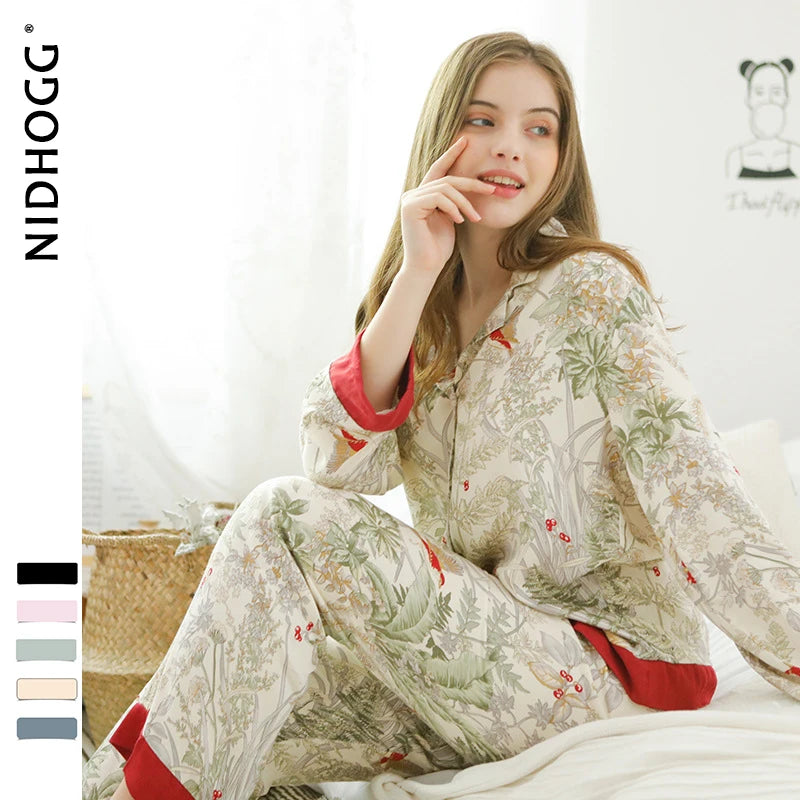KAELAH Spring Casual Long Sleeve Satin Set Green Grass Printing