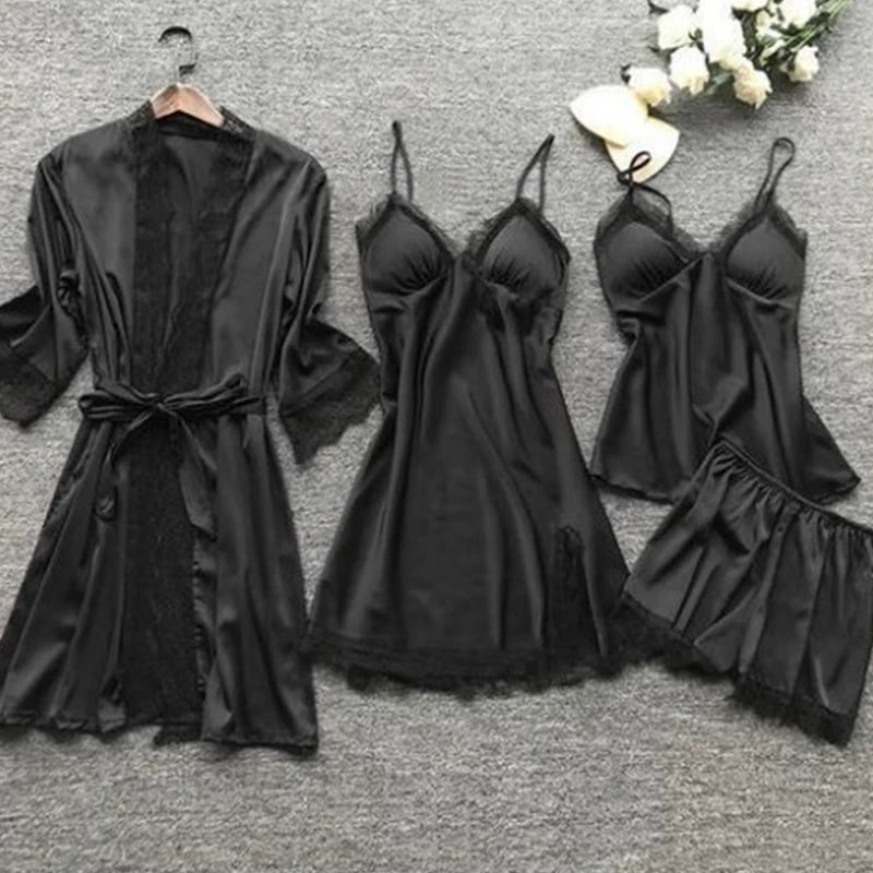 KAELAH 4 Pieces Women's Sexy Lace Pajamas Fashion V-Neck Gown Comfort