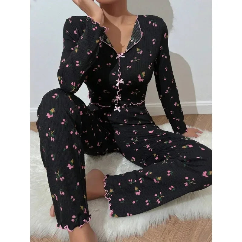 KAELAH Floral Print Set for Women Sleepwear Long Sleeve Top