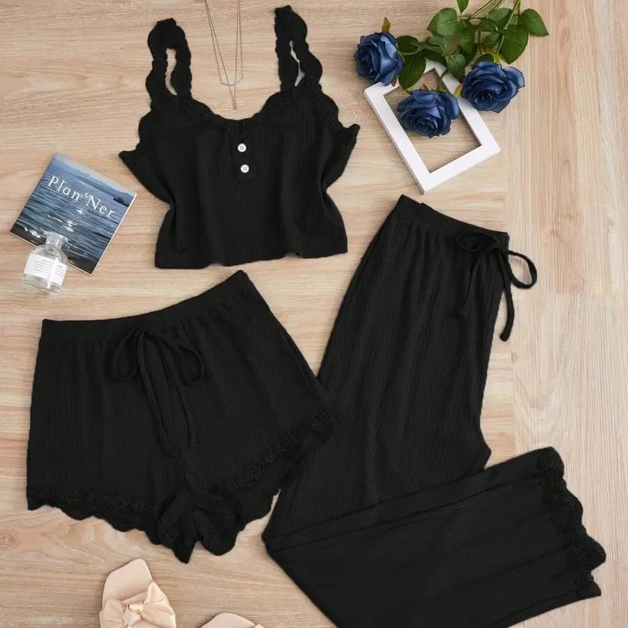 KAELAH Lace Trim Three-Piece Set Slim Fit Home Clothes Nightgown