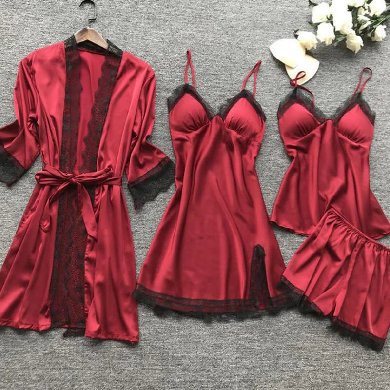 KAELAH 4 Pieces Women's Sexy Lace Pajamas Fashion V-Neck Gown Comfort