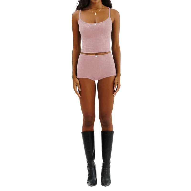 KAELAH y2k Pajamas Sets Women Bow Sleeveless Knitted Camisole Tops
