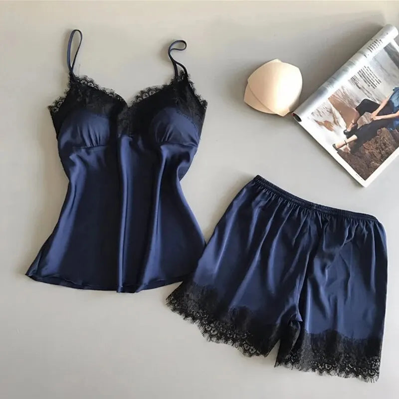 KAELAH  Pajama Suit Fashion V-Neck Stretch Satin Babydoll Lace Sexy Lingerie Bowknot