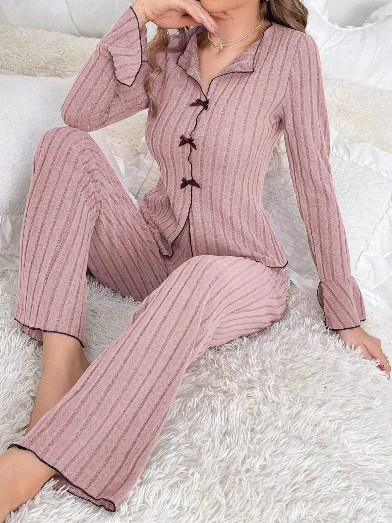KAELAH Autumn and Winter Pure Color Elegant Bow Women's Simple Long-Sleeved Pants Pajama Set