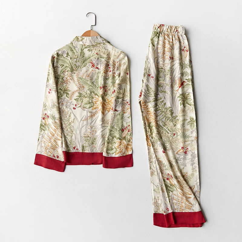 KAELAH Spring Casual Long Sleeve Satin Set Green Grass Printing