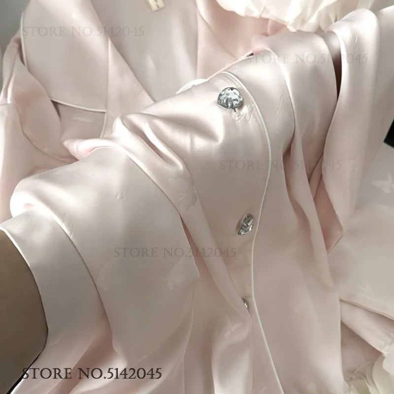 KAELAH Set French Style Ruffled Ice Silk Trouser Pijamas Suit Loungewear