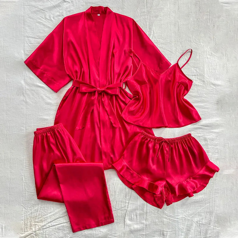 KAELAH Piece Robe Sleepwear Silky Satin Kimono Bathrobe Trouser Suits Loose Home