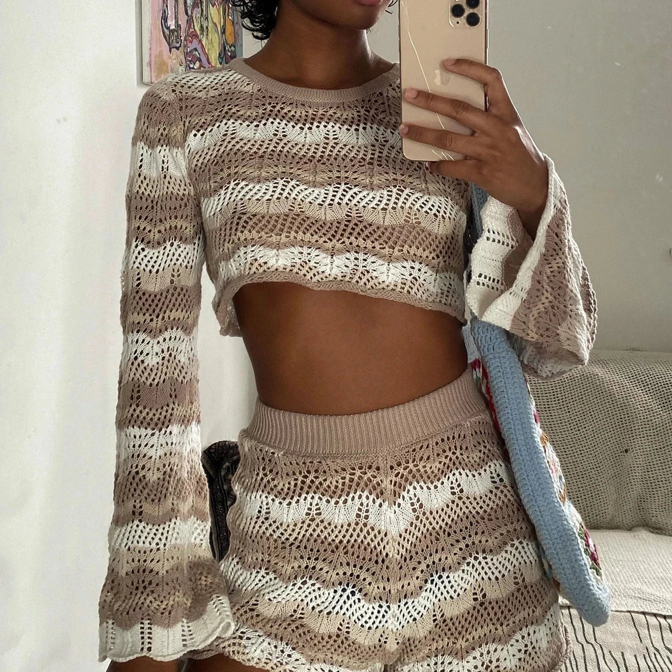 KAELAH Beach Holiday Bohemian Knitted Two Piece Set Pjs Long Sleeve