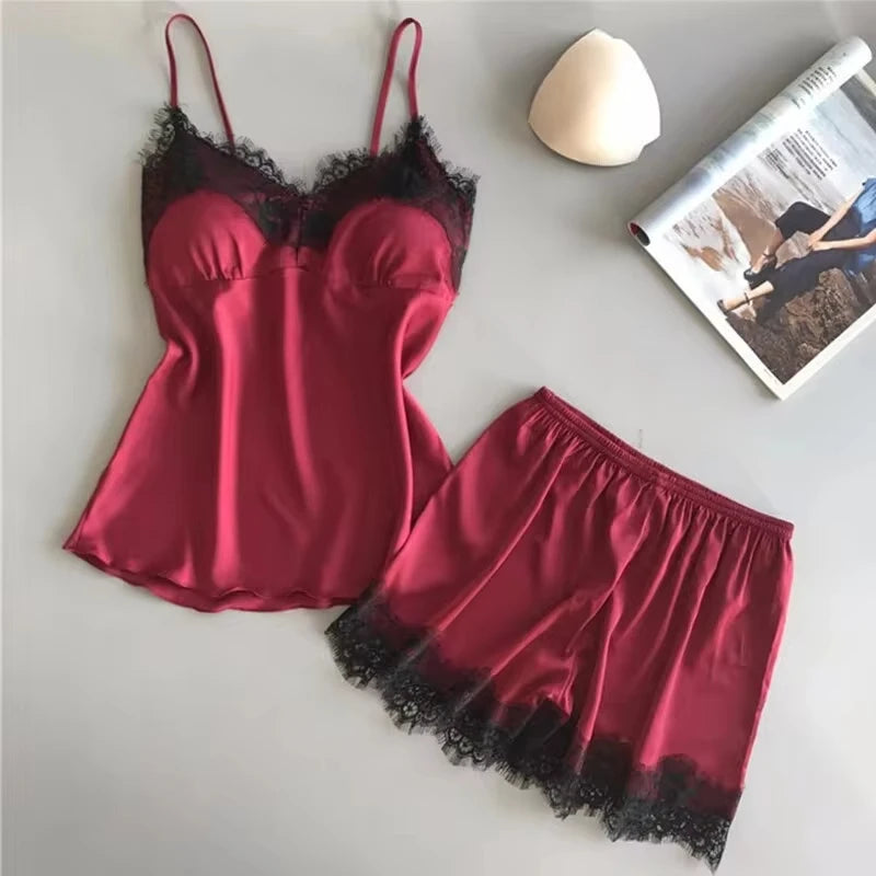 KAELAH  Pajama Suit Fashion V-Neck Stretch Satin Babydoll Lace Sexy Lingerie Bowknot