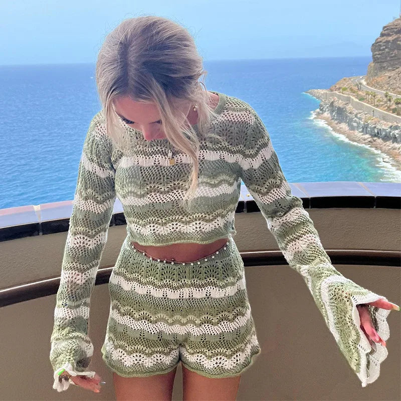 KAELAH Beach Holiday Bohemian Knitted Two Piece Set Pjs Long Sleeve