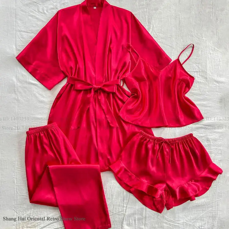 KAELAH Piece Robe Sleepwear Silky Satin Kimono Bathrobe Trouser Suits Loose Home