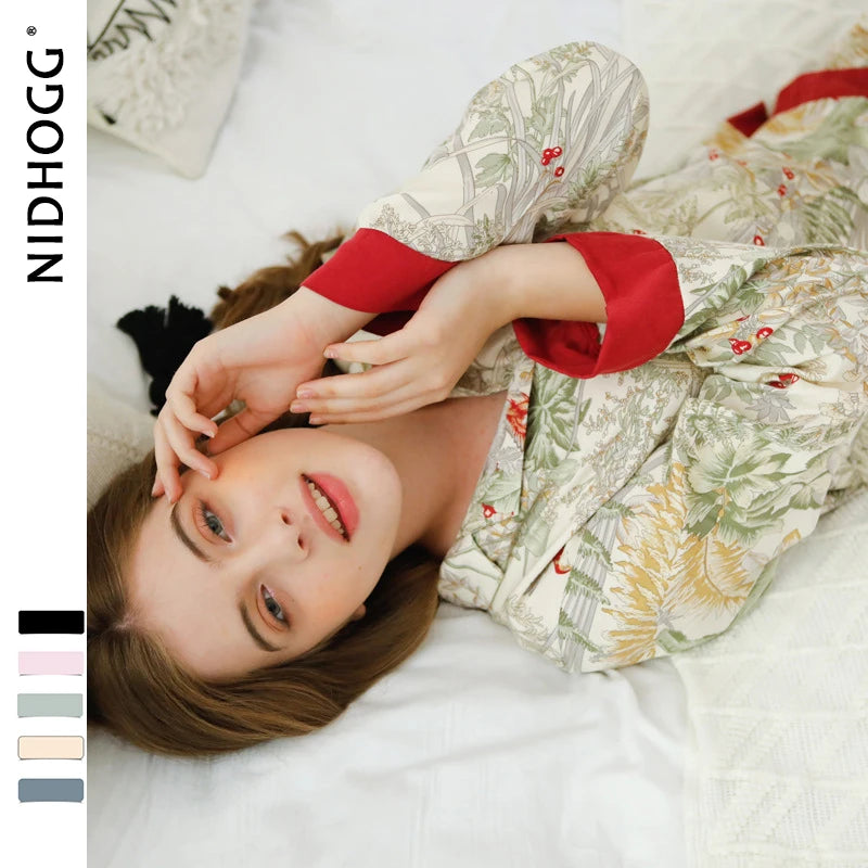 KAELAH Spring Casual Long Sleeve Satin Set Green Grass Printing