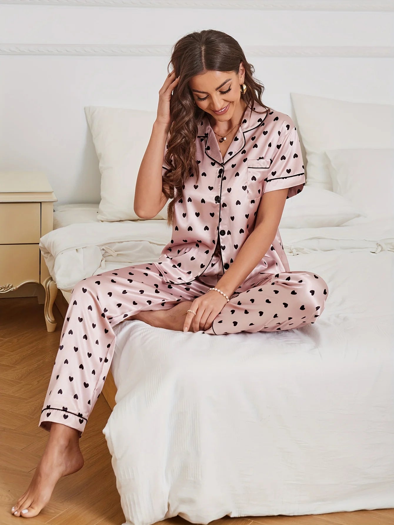 KAELAH Heart Print Satin Pajama Set Casual Short Sleeve Buttons Lapel
