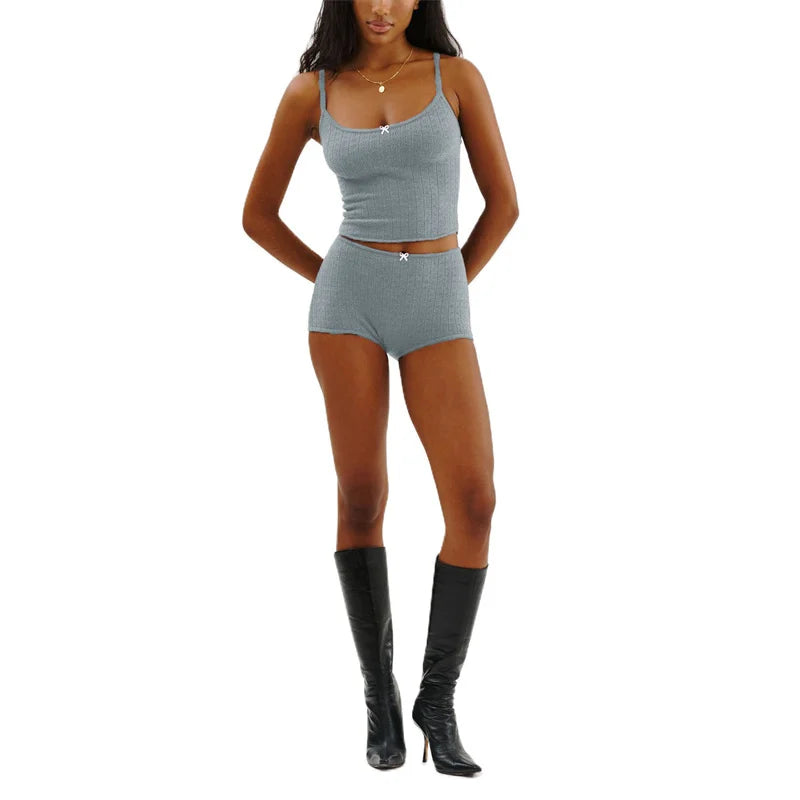 KAELAH y2k Pajamas Sets Women Bow Sleeveless Knitted Camisole Tops