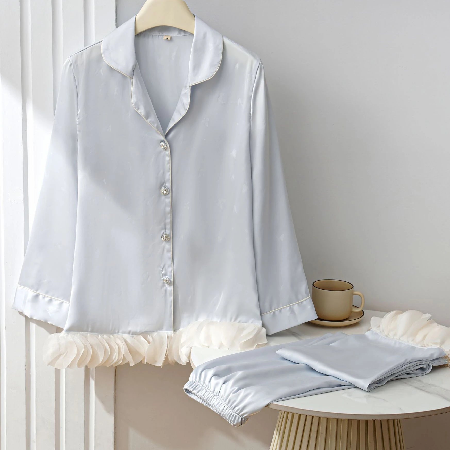 KAELAH Set French Style Ruffled Ice Silk Trouser Pijamas Suit Loungewear